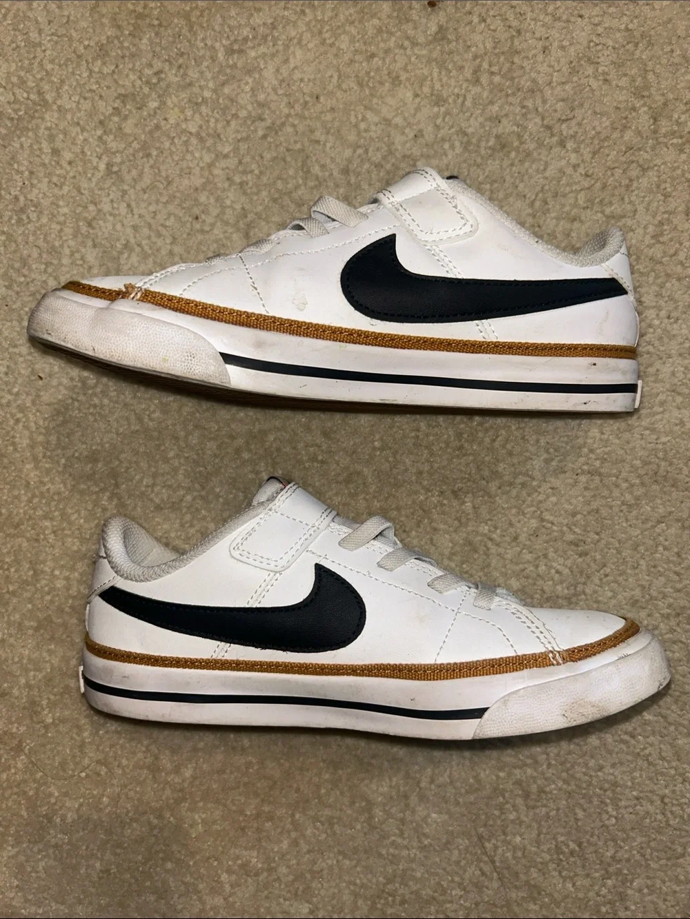 Nike Kids’ Court Legacy Sneakers White w/Black Swoosh and Desert Ochre Trim